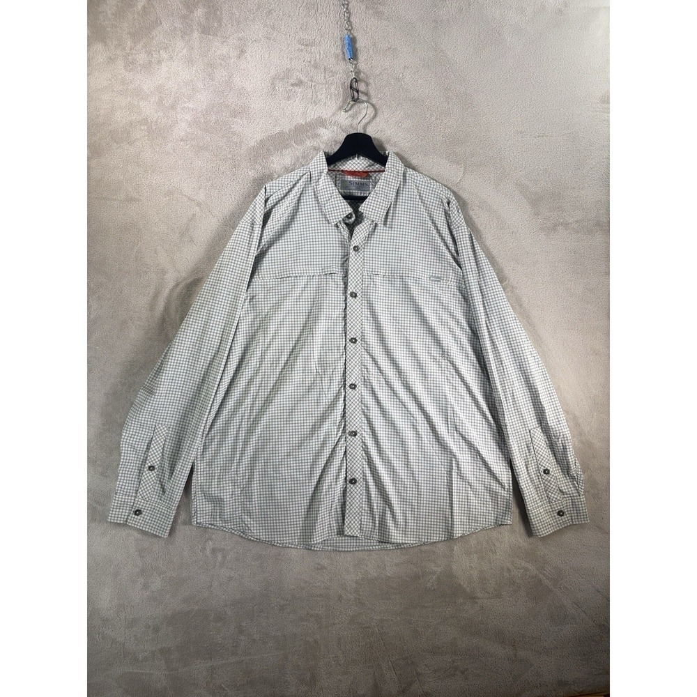 Simms Stone Cold Fishing Shirt Mens XXL White Gray Plaid Long Sleeve UPF 30